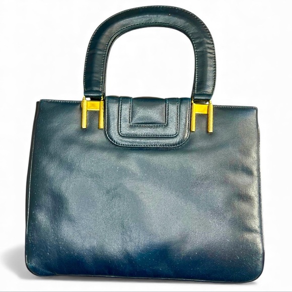 Vintage Navy Blue Leather Handbag retro quiet luxury 50’s accordion purse - Picture 2 of 8